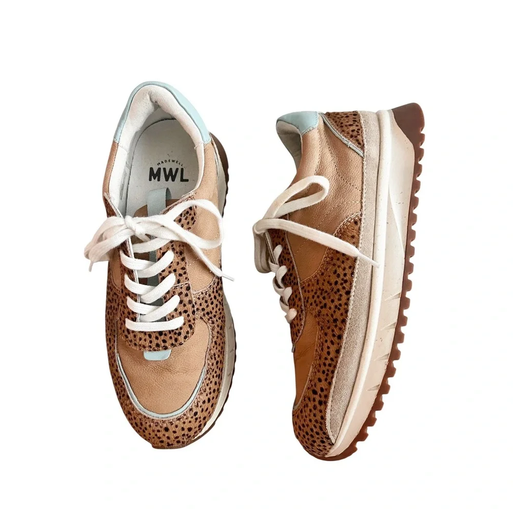 Madewell MWL Court Sneakers Cheetah Calf Hair Leather Tan Blue NA848 Womens 8.5